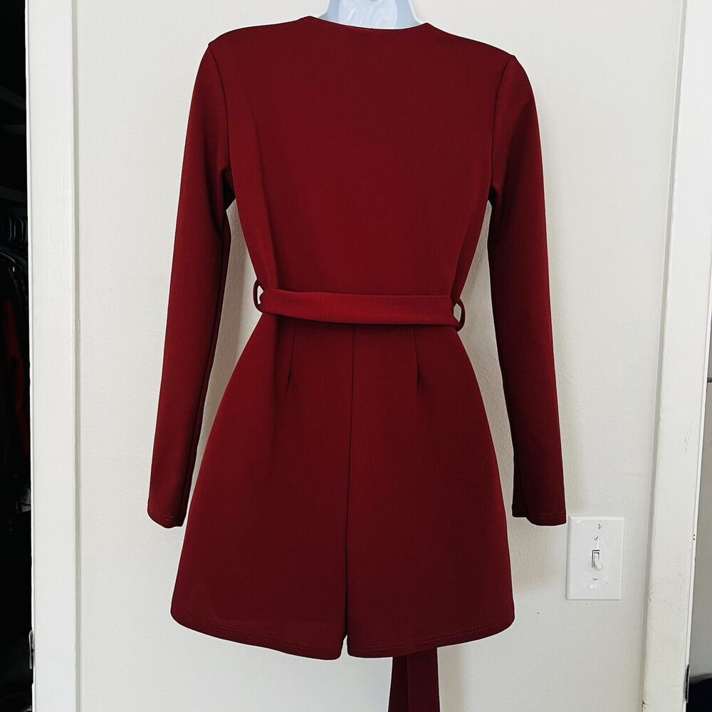 Windsor Brick Red Romper Dress Long Sleeve Faux Wrap Belted Waist Shorts V-neck - Picture 3 of 9